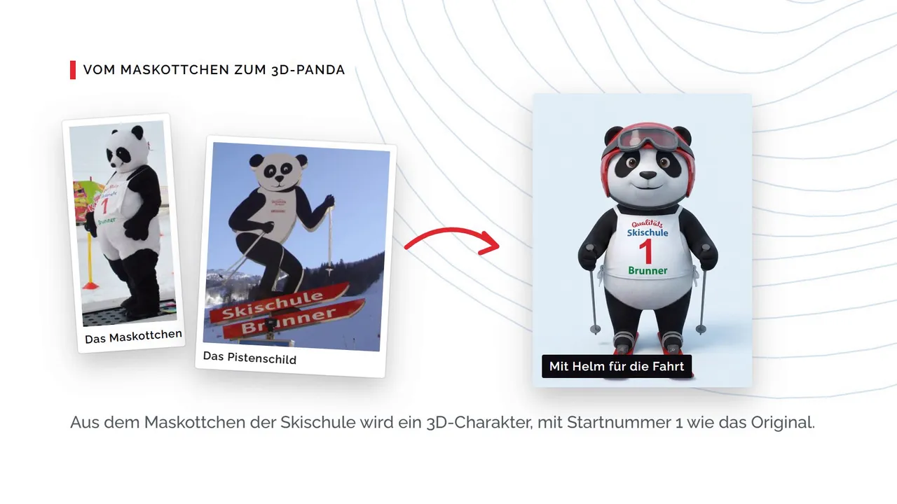 Das ursprüngliche Panda-Maskottchen neben dem digitalen 3D-Charakter mit Skihelm.