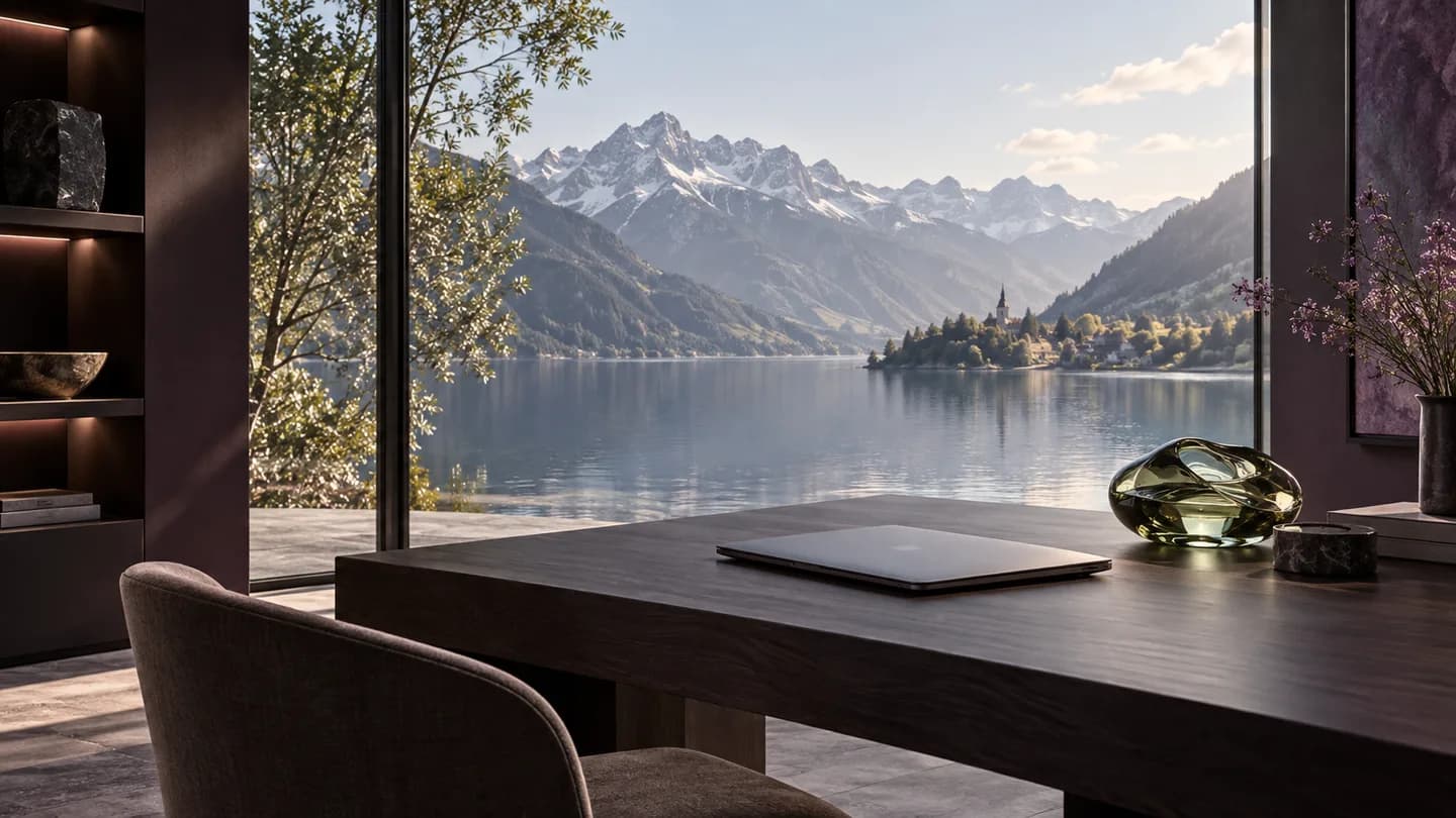 Illustration eines ruhigen Studios mit Blick auf See und Berge
