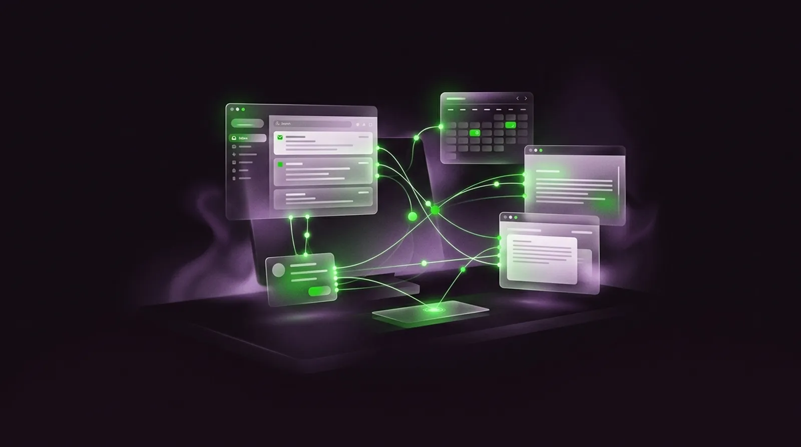 Illustration: Leuchtende grüne Verbindungen sortieren schwebende Fenster mit E-Mails, Kalender und Dokumenten über einem Laptop – Sinnbild für KI-Agenten im Büro.