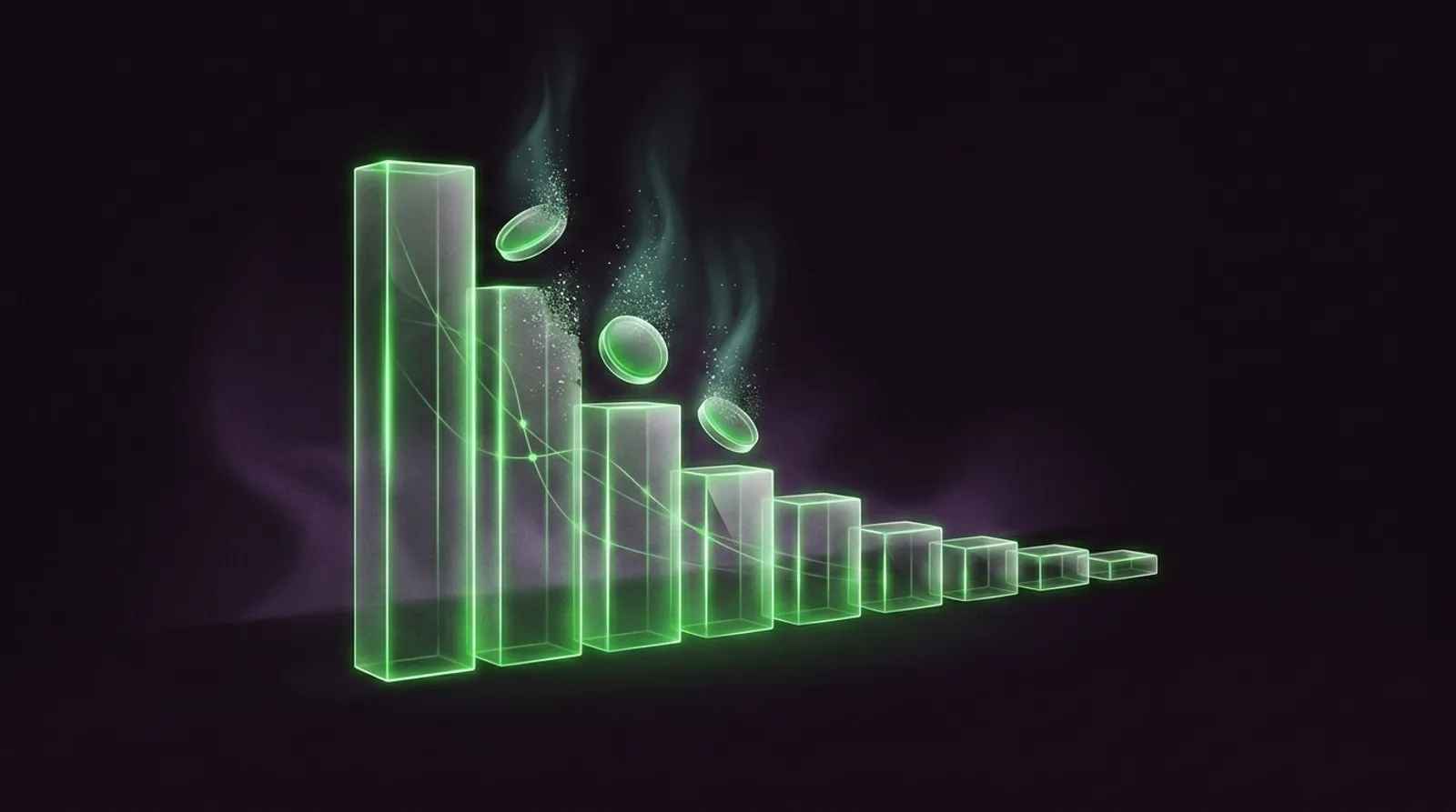 Illustration: Eine fallende Reihe leuchtender Balken mit sich in Lichtpartikel auflösenden Münzen – Sinnbild für stark sinkende KI-Modellpreise.