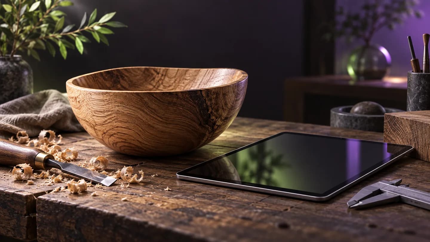 Illustration einer Werkbank mit Holz, Werkzeug und Tablet für digitale Hilfe im Handwerk