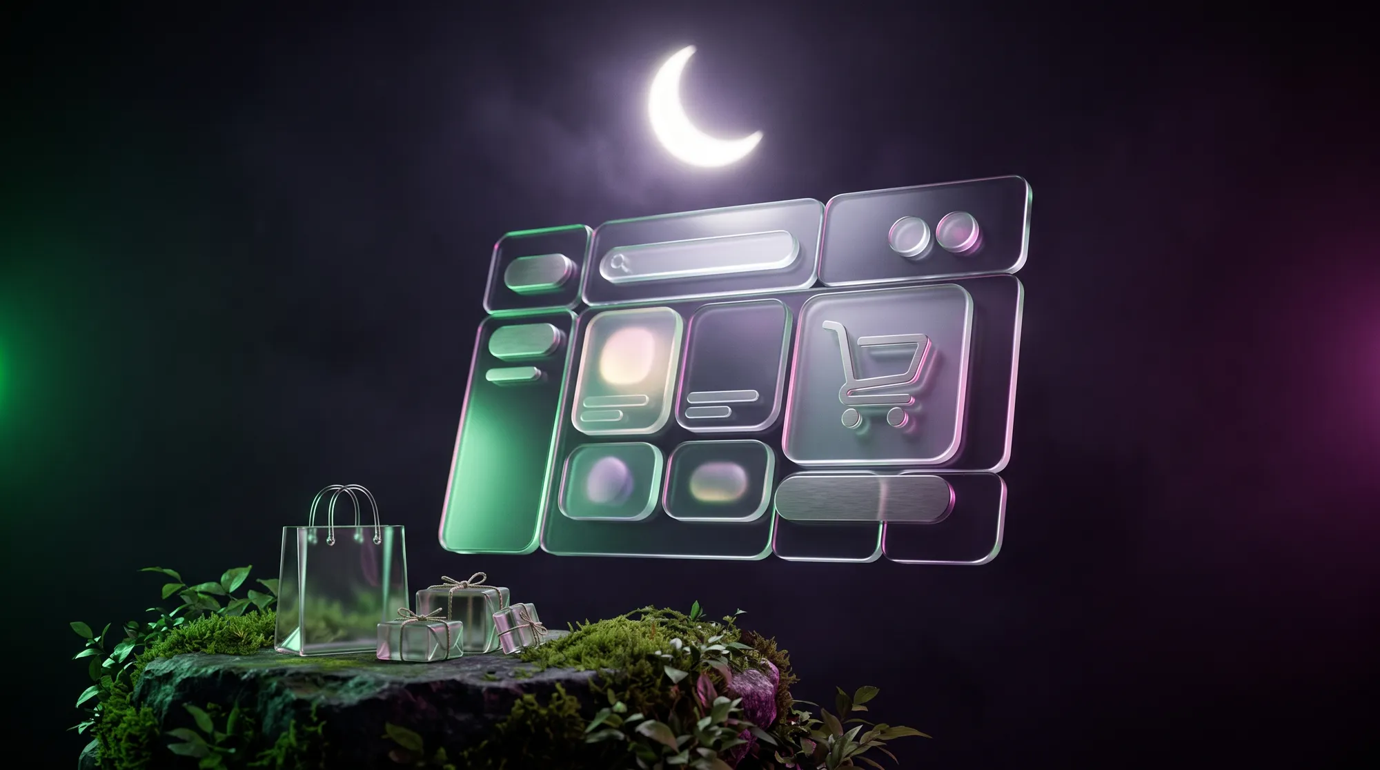 Gläserner Online-Shop unter dem Mond