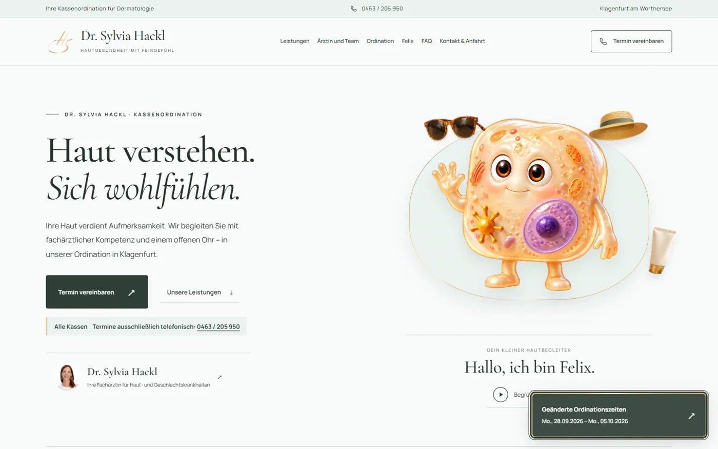 Startseite der Praxis-Website von Dr. Sylvia Hackl mit Maskottchen Felix