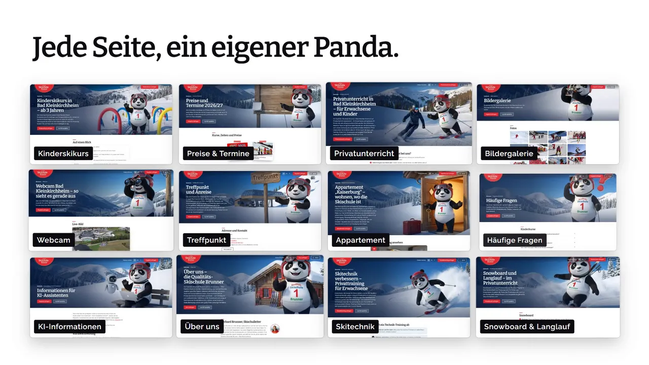 Übersicht von zwölf Unterseiten der Skischule Brunner, jede mit einem eigenen Panda-Motiv, etwa Kinderskikurs, Preise und Termine, Webcam und Snowboard und Langlauf.