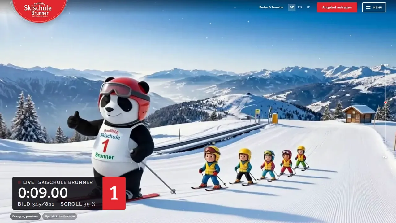 Der Panda springt auf der Abfahrt über eine Schanze, im Hintergrund die verschneiten Nockberge.