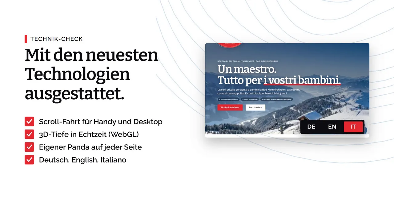 Technik-Check der neuen Website: Scroll-Fahrt für Handy und Desktop, 3D-Tiefe in Echtzeit per WebGL, eigener Panda auf jeder Seite, Deutsch, Englisch und Italienisch.